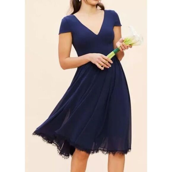 Dress the Population Corey Chiffon Fit Flare Cocktail Blue V-Neck Size Large. 15 - Picture 1 of 11